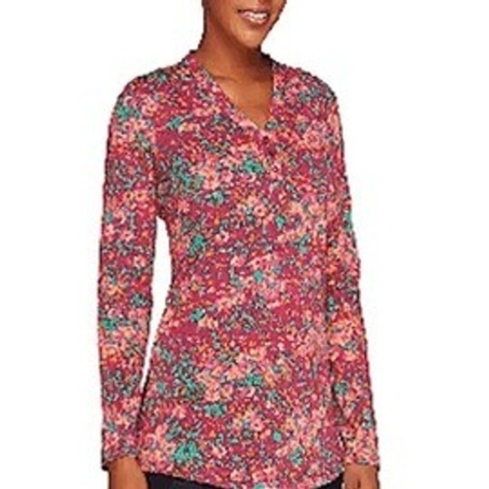 Floral Henley Long Sleeve Top Pink Orange Ditsy Flower Plus Size 3X - Picture 3 of 4